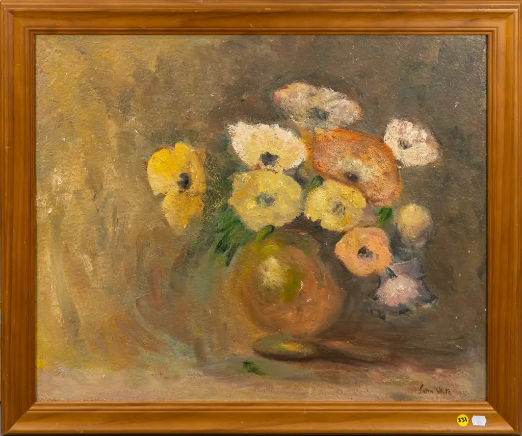 John White - framed oil - still life flowers (age damage) H-460 W-550 Image 1++