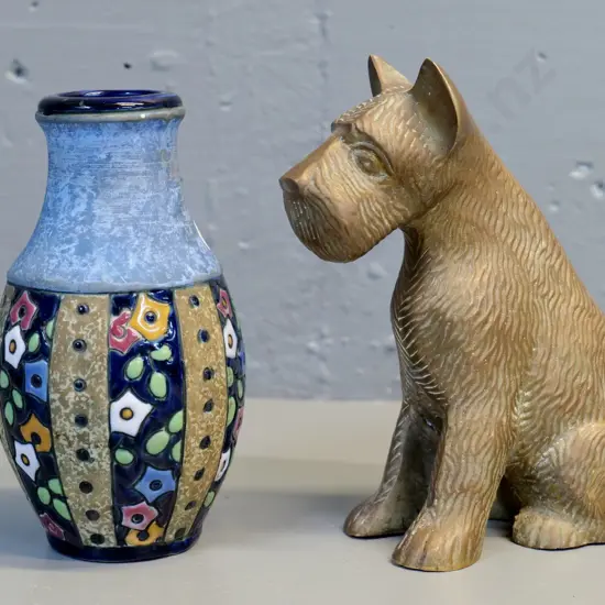 cast brass Scottie dog H-180 and an Czech Amphora vase