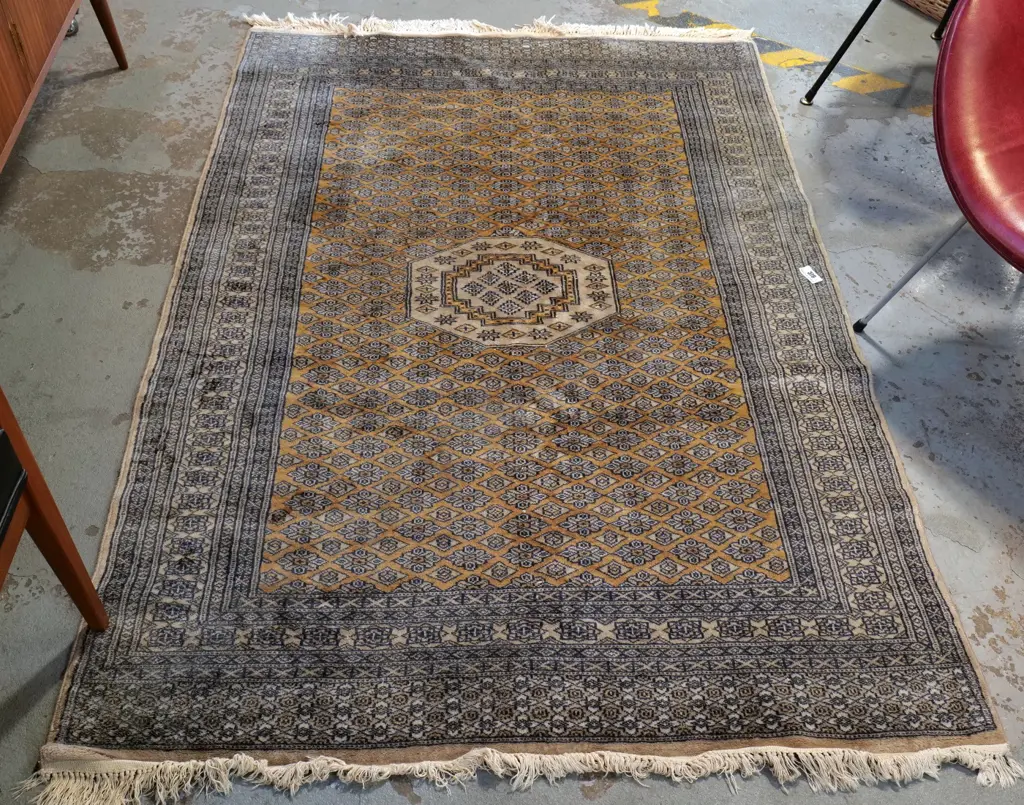 hand-knotted Persian rug (fine wool or silk blend?) gold and charcoal tones L1810 W1250 Image 1++
