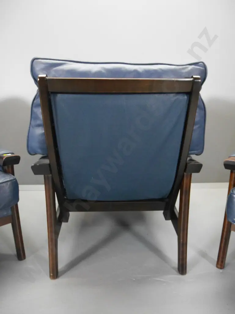 mid-century beech & blue leather lounge suite - two 2-seater settees, 1 chair - polish needs work H840 W1200 D810 Image 1++