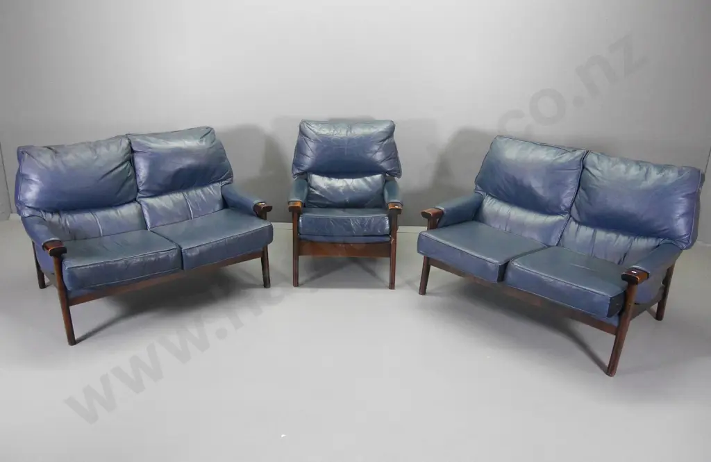 mid-century beech & blue leather lounge suite - two 2-seater settees, 1 chair - polish needs work H840 W1200 D810 Image 1++
