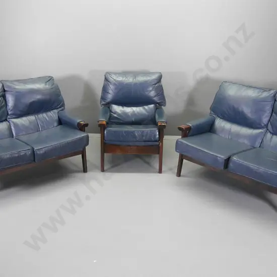 mid-century beech & blue leather lounge suite - two 2-seater settees, 1 chair - polish needs work H840 W1200 D810