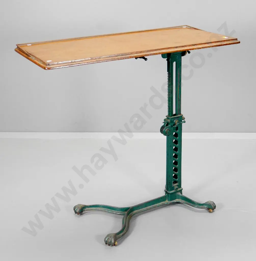vintage invalid's table with cast iron base, adjustable tilt, rise & rotation, walnut top H780 W910 D460 Image 1++