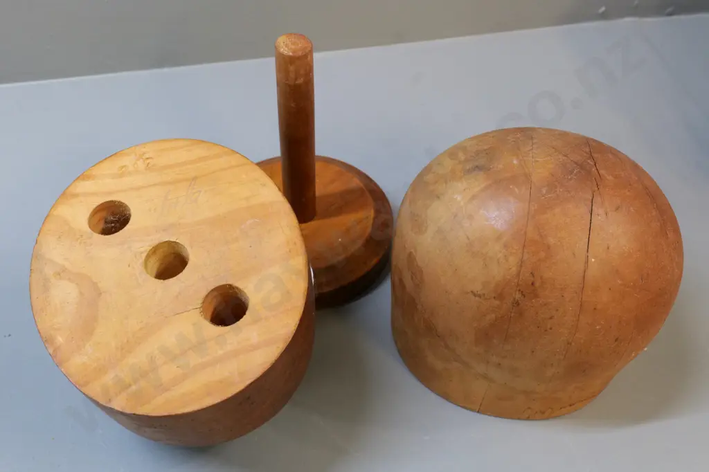 vintage wooden hat block and stand H-290 L-170 W-150 and a block without stand which has some cracking Image 1++