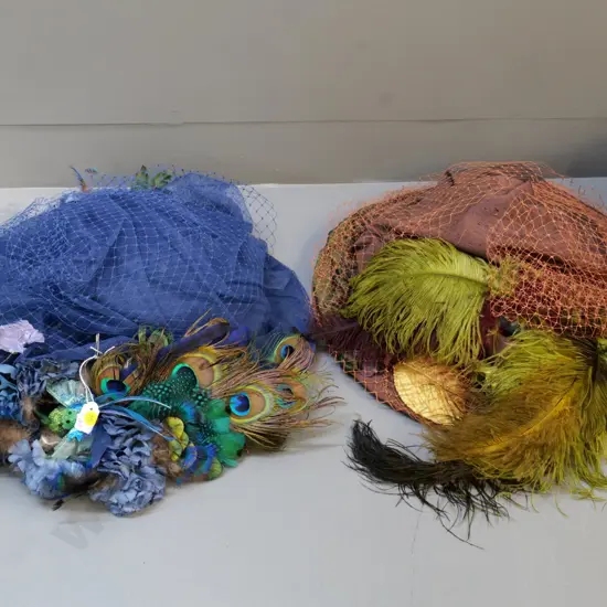 vintage costume items - 2 highly decorated hats in appliqued hat box