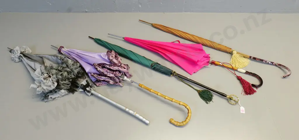 5 vintage or costume parasols & umbrellas with various fancy handles, tassels & frills - some damage and wear Image 1++