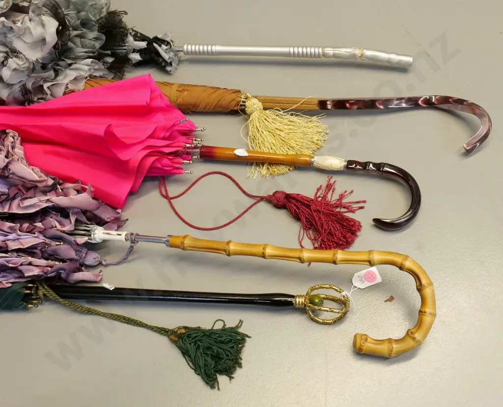 5 vintage or costume parasols & umbrellas with various fancy handles, tassels & frills - some damage and wear Image 1++