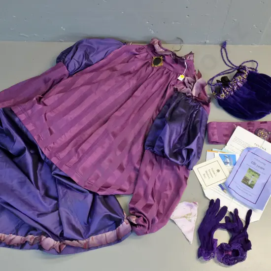 vintage costume items - purple Victorian/Edwardian style skirt and top, drawstring bag, Oamaru and area event ephemera