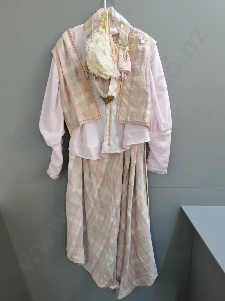 vintage costume items - Edwardian pink frilled blouse, pink check skirt & waistcoat, belt, purse, fan needs mending Image 1++