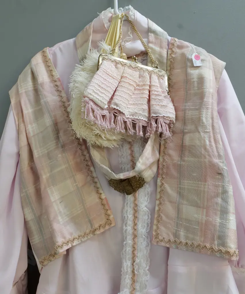 vintage costume items - Edwardian pink frilled blouse, pink check skirt & waistcoat, belt, purse, fan needs mending Image 1++
