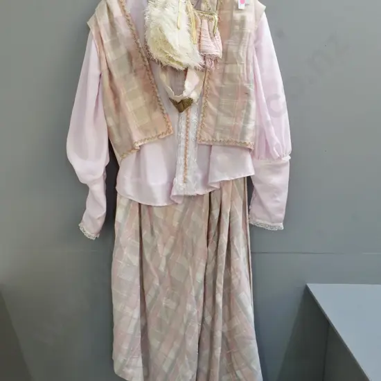 vintage costume items - Edwardian pink frilled blouse, pink check skirt & waistcoat, belt, purse, fan needs mending