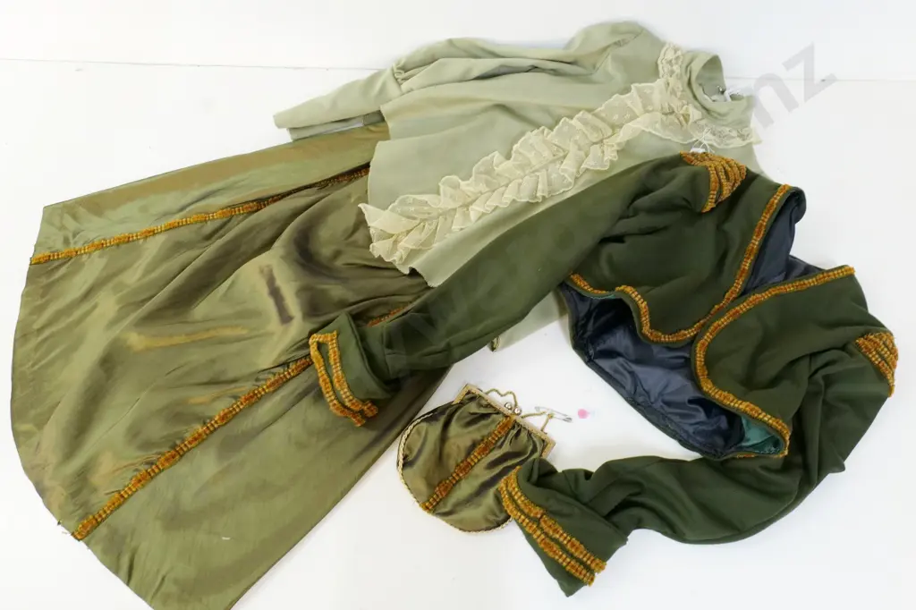 vintage costume items - Edwardian day wear - green skirt, bolero jacket, lace jabot blouse, purse Image 1++