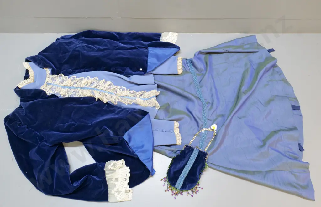 vintage costume items - Victorian/Edwardian blue shot silk skirt, blue & cream lace blouse, blue velvet jacket & purse Image 1++