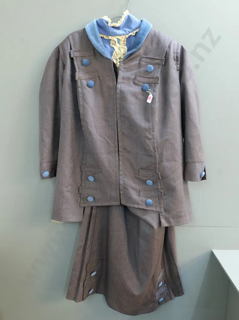 vintage costume items - Edwardian tailored tweed jacket & skirt with blue velvet trim, blue & cream jabot Image 1++