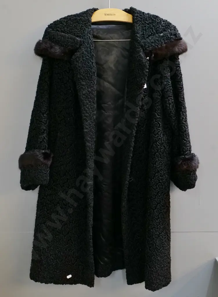 vintage costume items - black Astrakhan coat with fur trim - some wear Image 1++