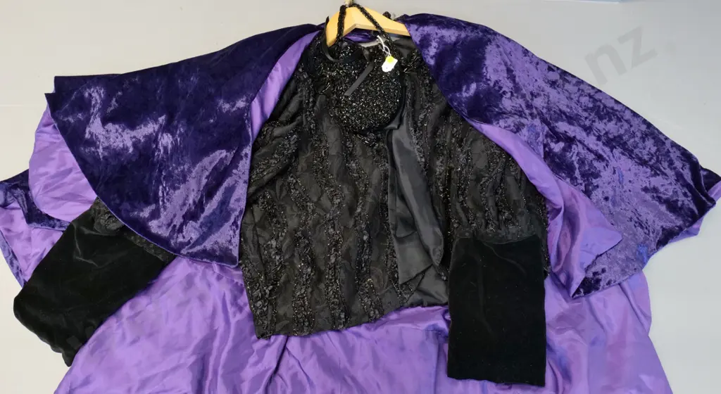 vintage costume items - short beaded top and bag, and a short purple velvet cape Image 1++