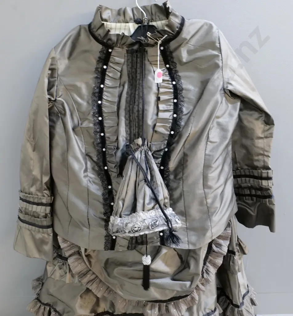 vintage costume items - Victorian grey silk jacket, bustle and trained skirt, matching bag Image 1++