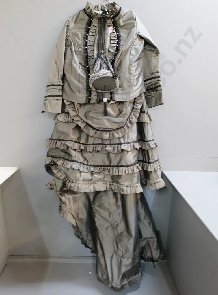 vintage costume items - Victorian grey silk jacket, bustle and trained skirt, matching bag Image 1++