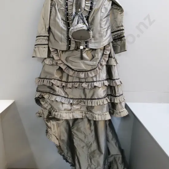 vintage costume items - Victorian grey silk jacket, bustle and trained skirt, matching bag