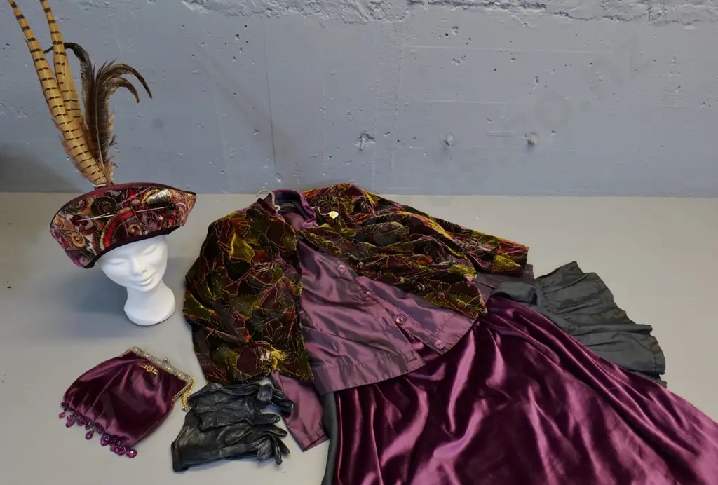 vintage costume items - Edwardian purple velvet skirt, patterned jacket, silk blouse, bag, gloves etc. Image 1++