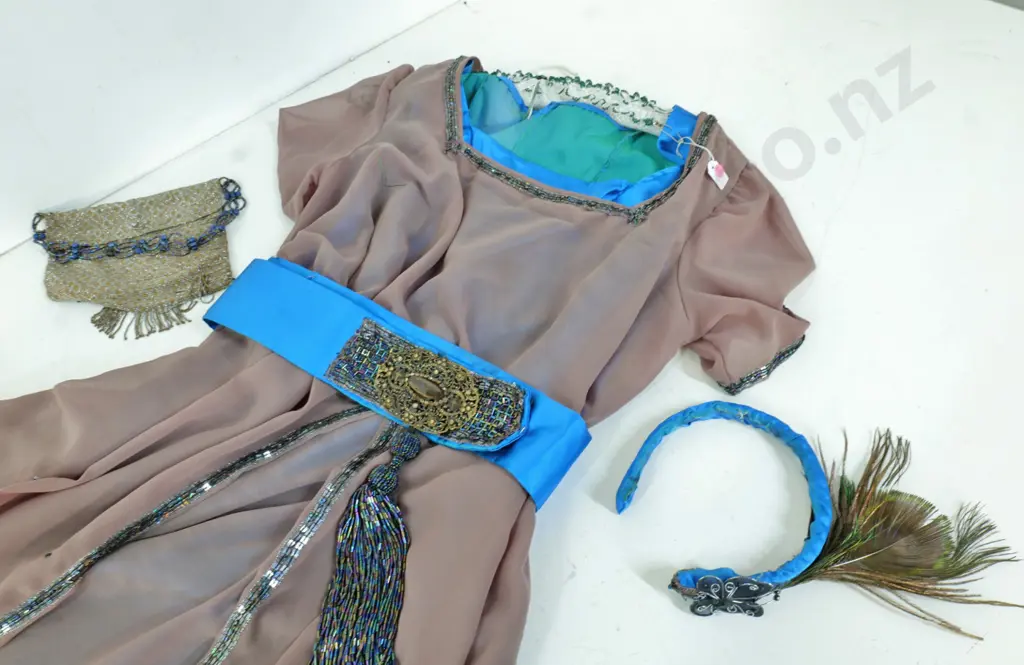 vintage costume items - 1920s beaded evening dress, belt, petticoat, hat band and evening bag Image 1++