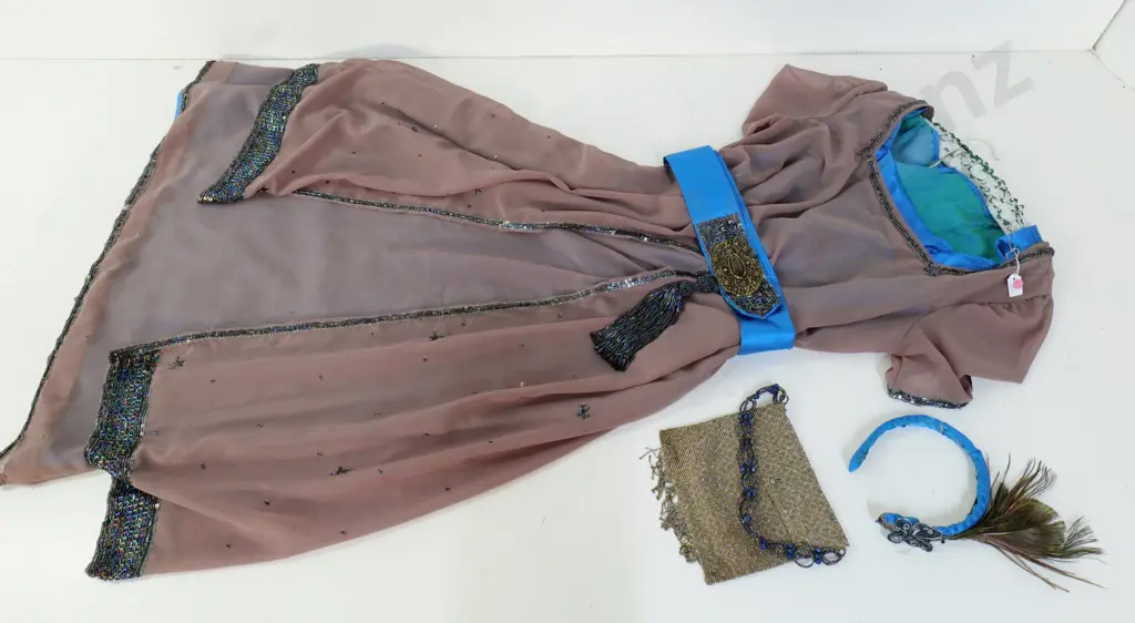 vintage costume items - 1920s beaded evening dress, belt, petticoat, hat band and evening bag Image 1++