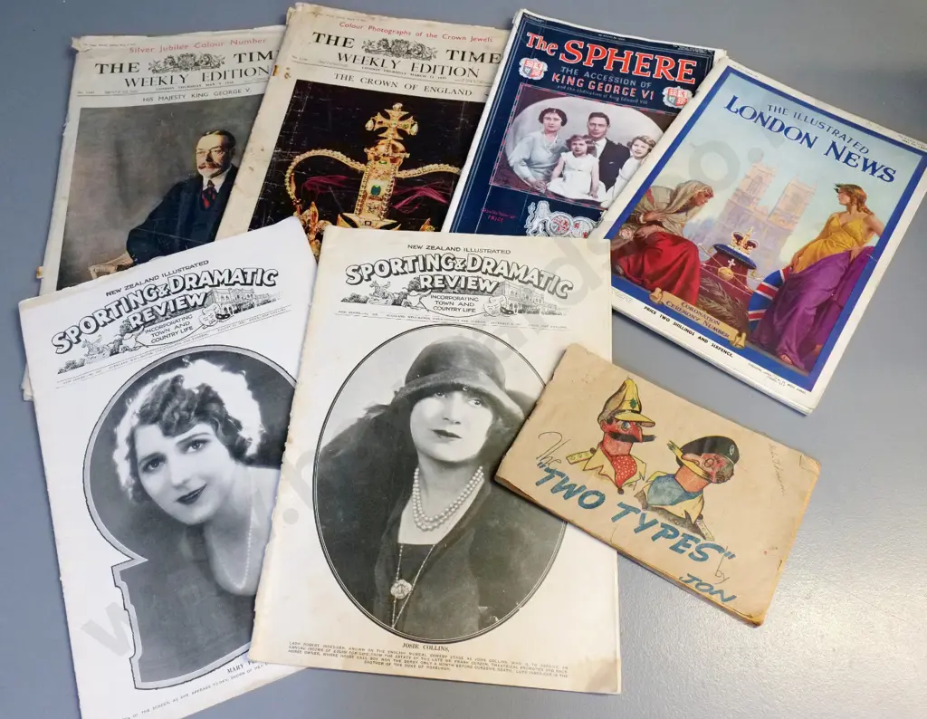 vintage publications: 1927 & 1928 New Zealand Illustrated, Two Types military cartoon, four 1936/7 Coronation editions, Image 1++