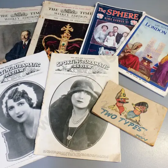 vintage publications: 1927 & 1928 New Zealand Illustrated, Two Types military cartoon, four 1936/7 Coronation editions,