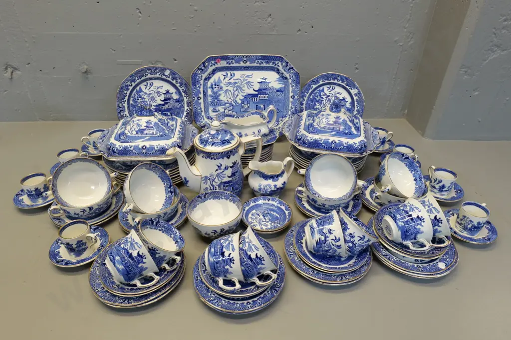 large quantity of Burleigh Willow pattern china - 8 places, coffee pot, teapot (tiny chip) coffee cups & saucers, etc Image 1++