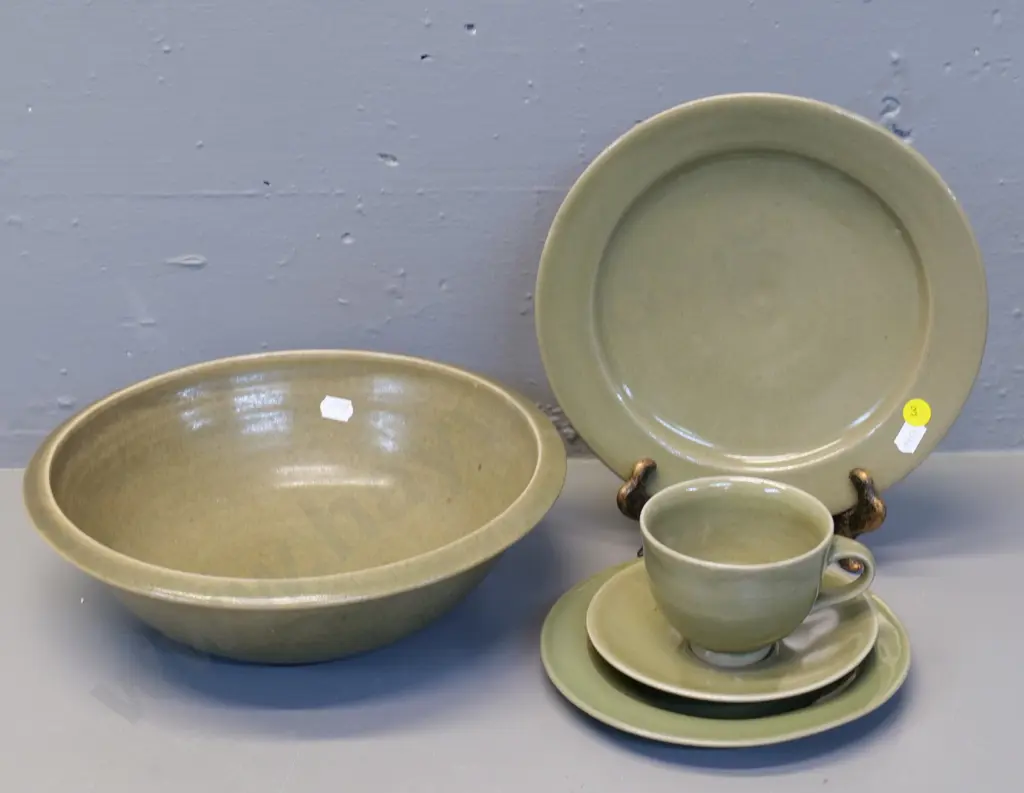 Crewenna / Harry & May Davis New Zealand studio pottery items - bowl H85 diameter 270, plate & trio Image 1++