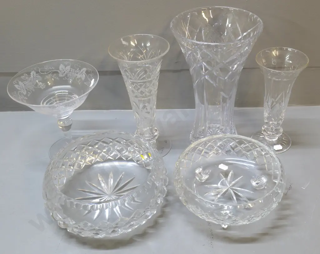 crystal items - 3 cut crystal vases, larger H260, etched comport bowl, 2 salad bowls - comport and 1 vase are Stuart Image 1++