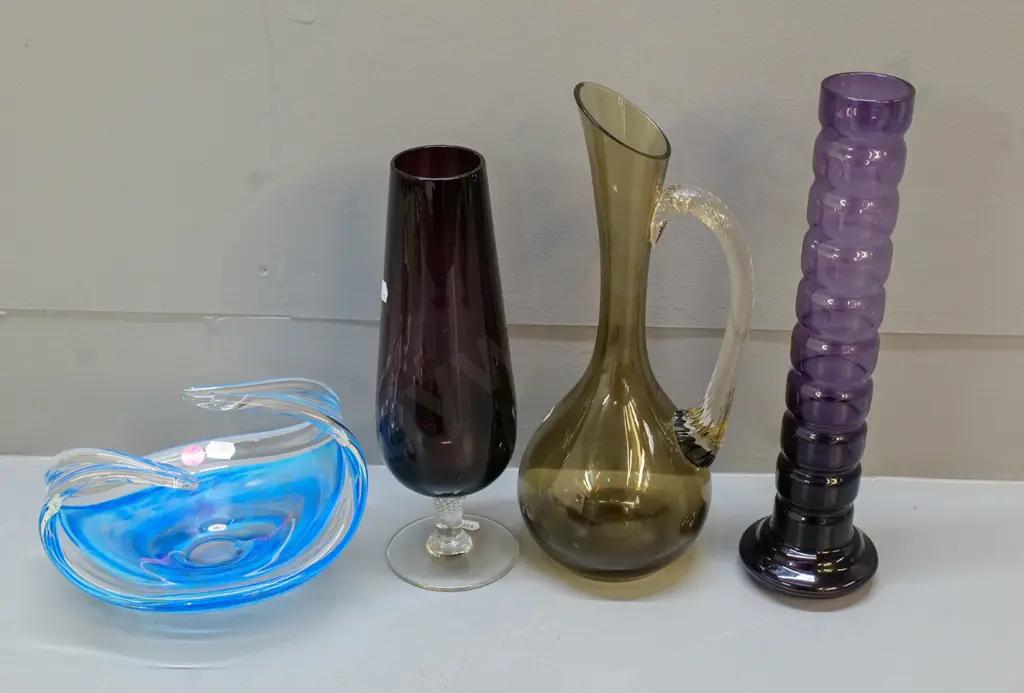 4 coloured glass items - heavy art glass blue & clear bowl, 2 vases and a jug/vase - tall purple vase is H-300 Image 1++