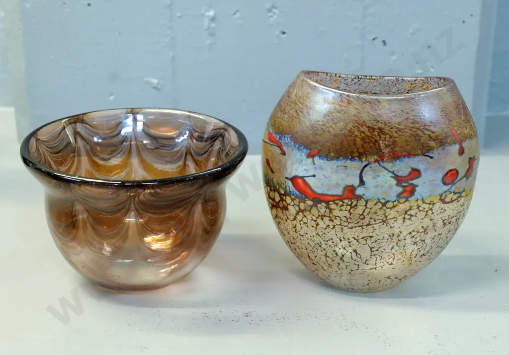 art glass crackle finish w/abstract overlay vase H-150 W-150 and a bowl with brown swag pattern Image 1++