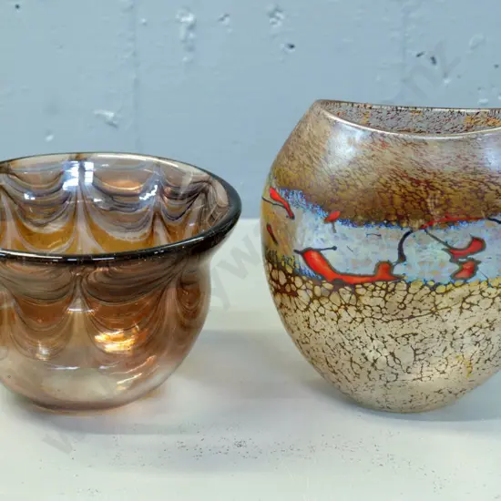 art glass crackle finish w/abstract overlay vase H-150 W-150 and a bowl with brown swag pattern