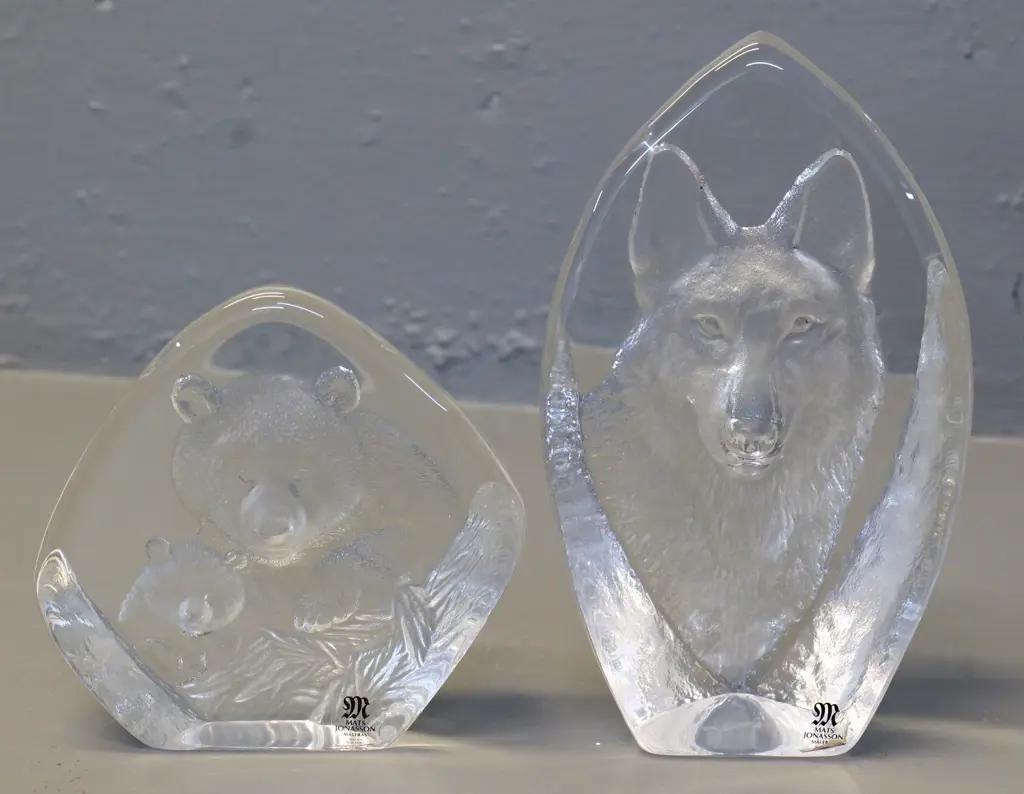 2 Mats Jonasson Sweden glass relief ornaments - wolf and bear, taller is H-170 Image 1++