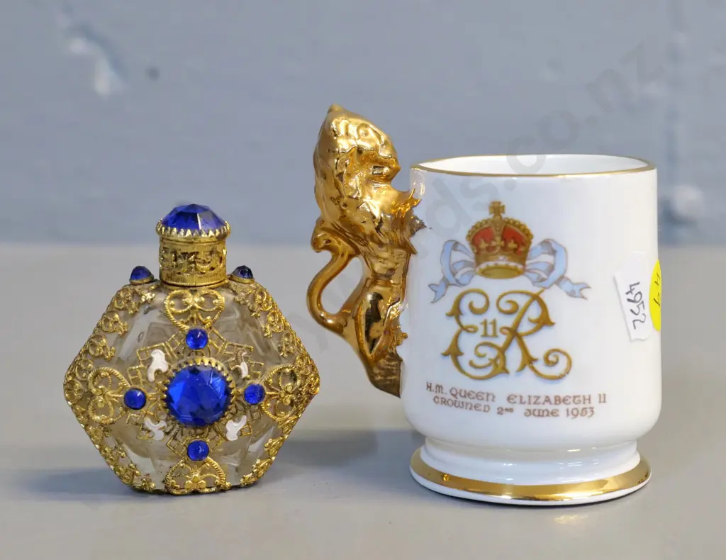 scent bottle with filigree and coloured glass and a miniature Staffordshire 1953 Coronation mug with lion handle H-80 Image 1++