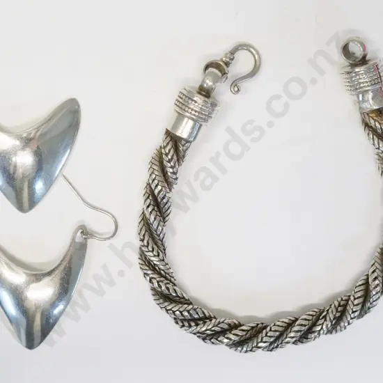 silver heavy bracelet stamped 925 & pair of silver earrings stamped 925