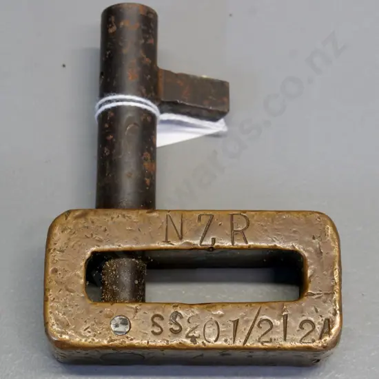 vintage brass and steel railway signal point Wood's key - engraved AAA Waipahi & NZR SS201-212A. 100 x 75