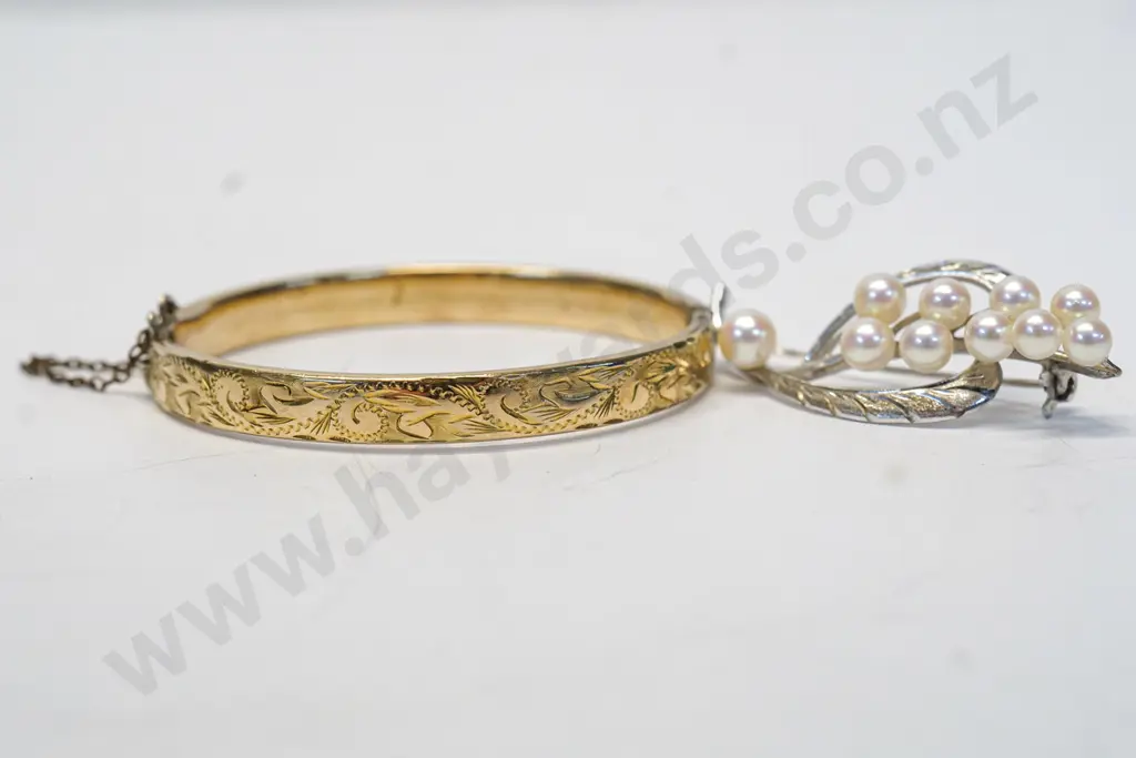 childs rolled gold bangle & silver pearl brooch stamped sterling Image 1++