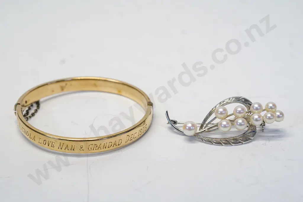 childs rolled gold bangle & silver pearl brooch stamped sterling Image 1++