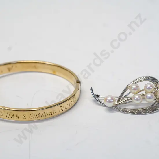 childs rolled gold bangle & silver pearl brooch stamped sterling