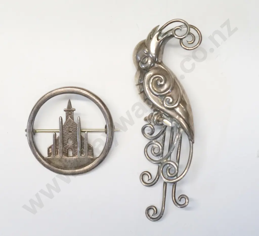 silver peacock brooch [Mexico silver] & silver castle brooch [GMS silver] Image 1++