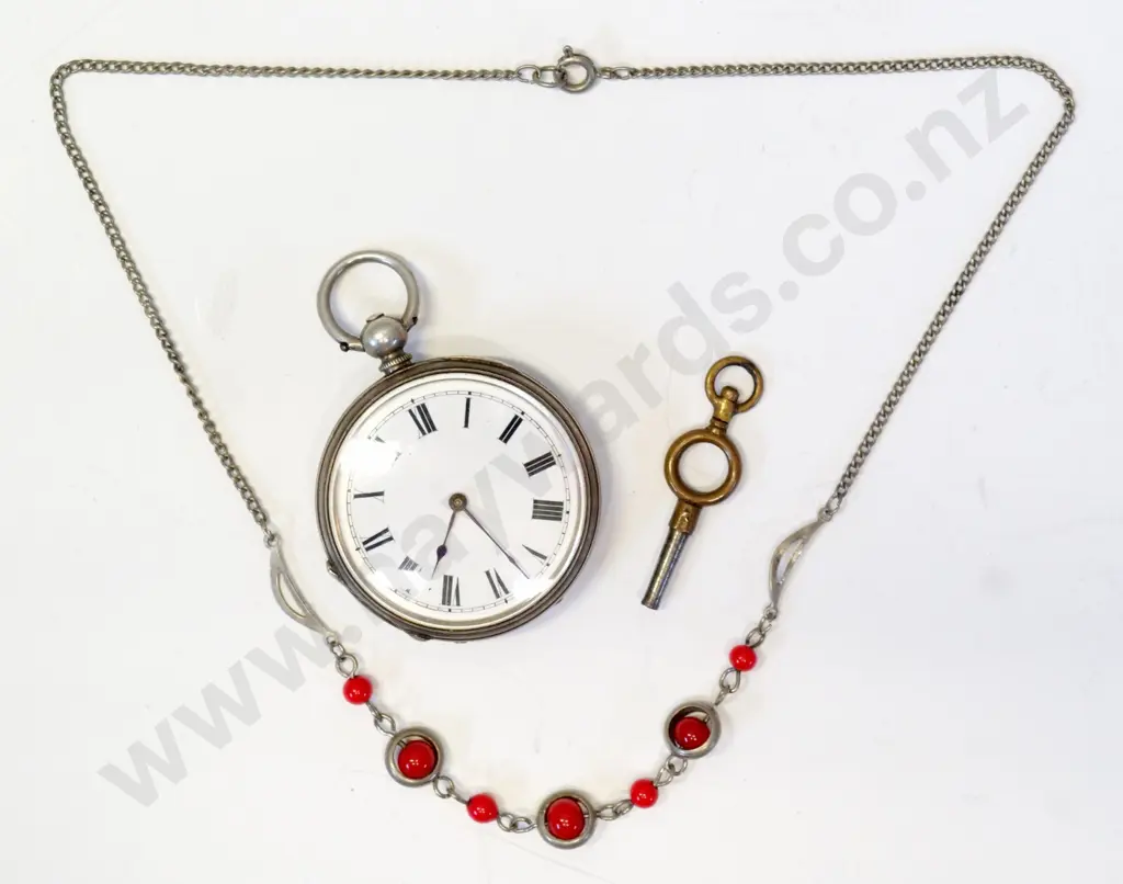 silver pocket watch with fine chain, key & red beads watch stamped fine silver Image 1++