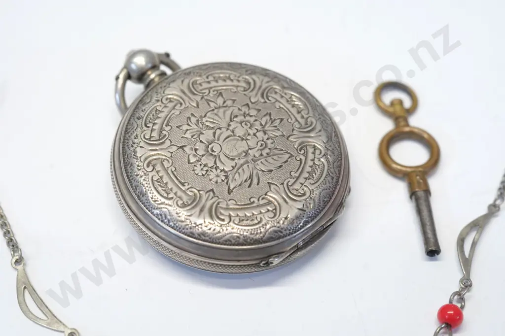 silver pocket watch with fine chain, key & red beads watch stamped fine silver Image 1++