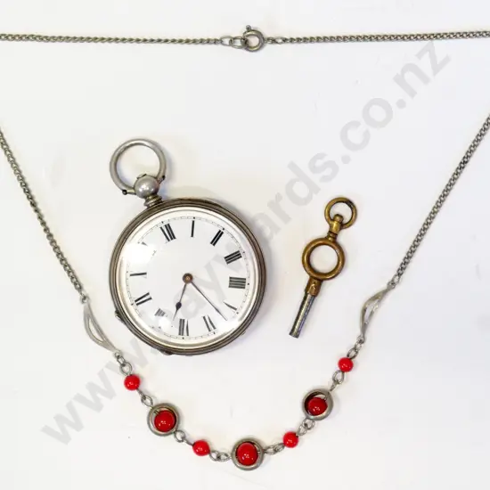 silver pocket watch with fine chain, key & red beads watch stamped fine silver