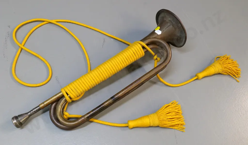 vintage Slingerland brass bugle with yellow cord - some dents and a crack L-450 Image 1++