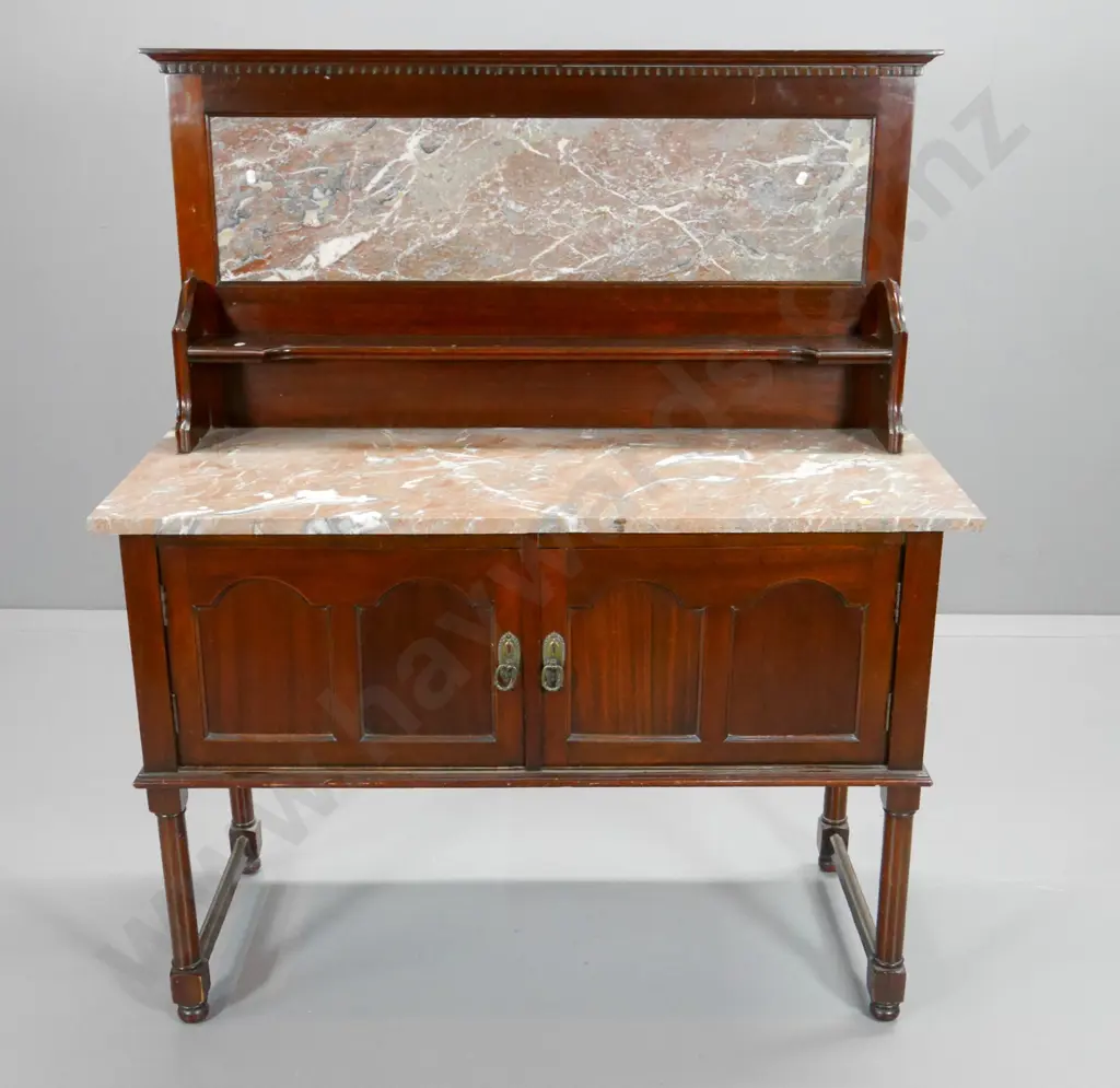 vintage mahogany wash-stand with 2-door cupboard base, marble top & framed marble upstand H1265 W1080 D460 Image 1++