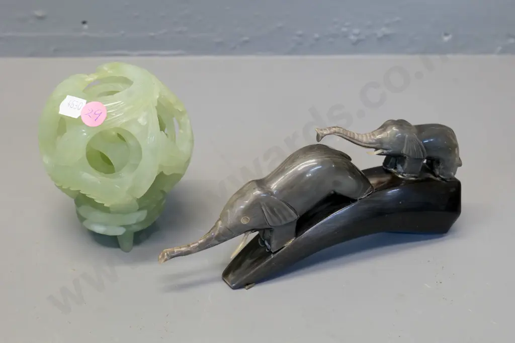 light green stone carved mystery ball D-100 on matching stone stand & a carved horn elephant pair L-200 Image 1++