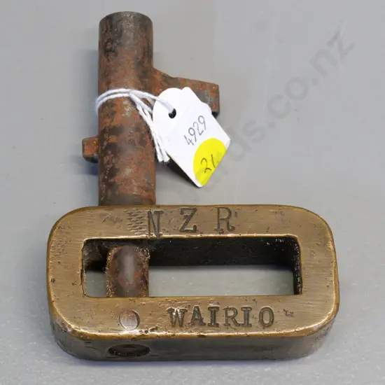 vintage brass and steel railway signal point Wood's key - engraved Wairio & NZR, S19554 SIGS. 100 x 75