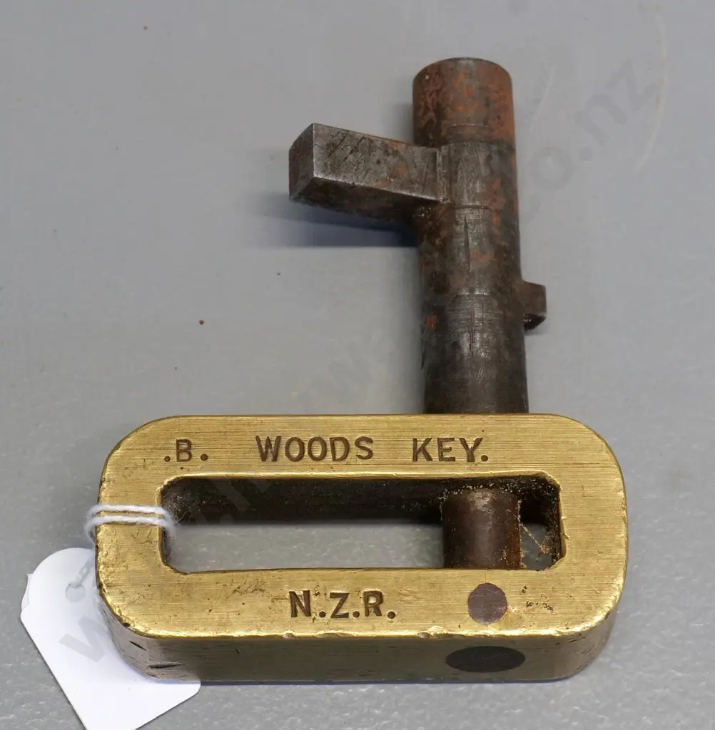 vintage brass and steel railway signal point Wood's key - engraved Wairio & Woods Key N.Z.R. 100 x 75 Image 1++